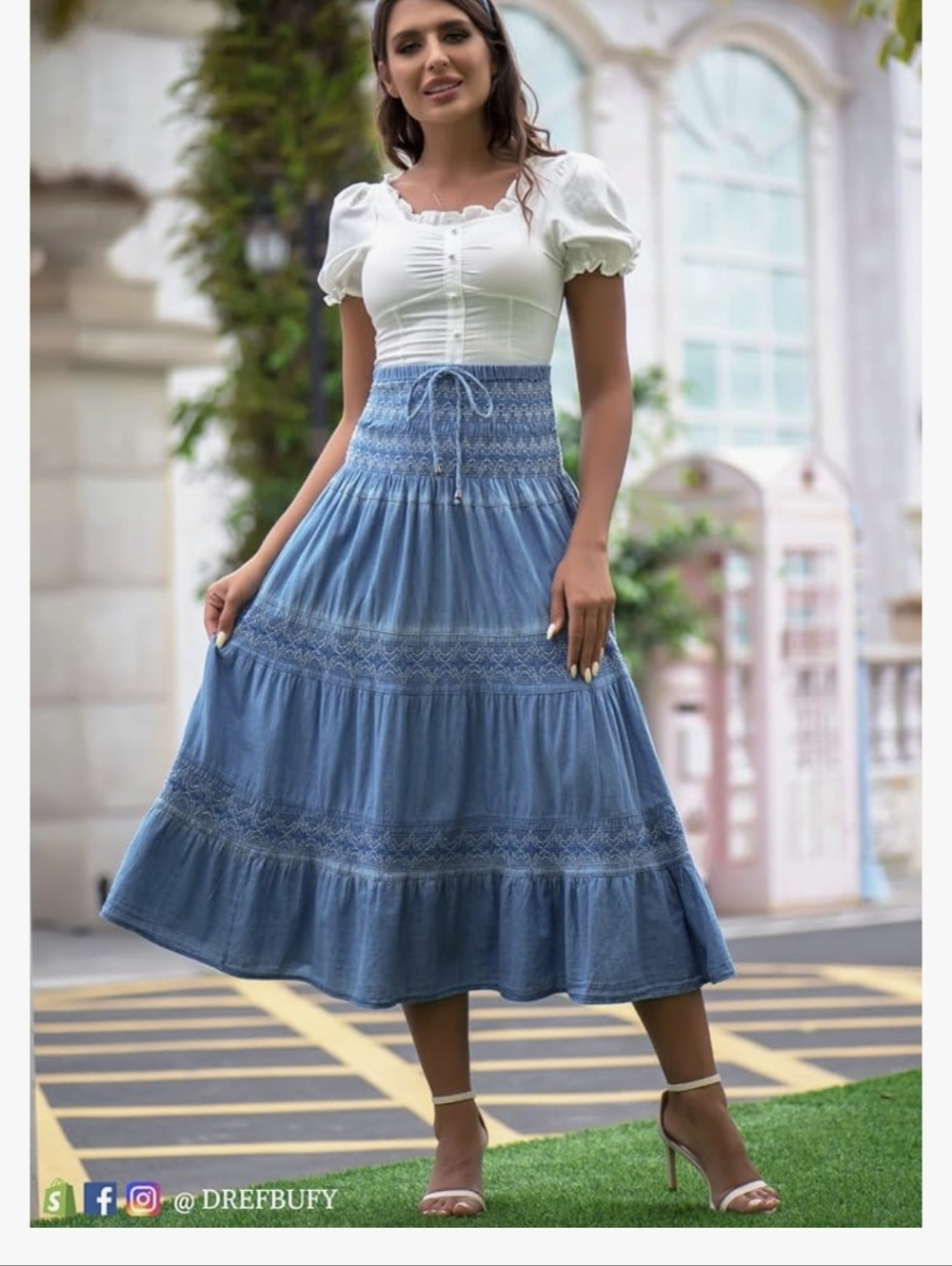 Smocked High-Waist  Tiered Blue Bohemian Midi Skirt Sz.8